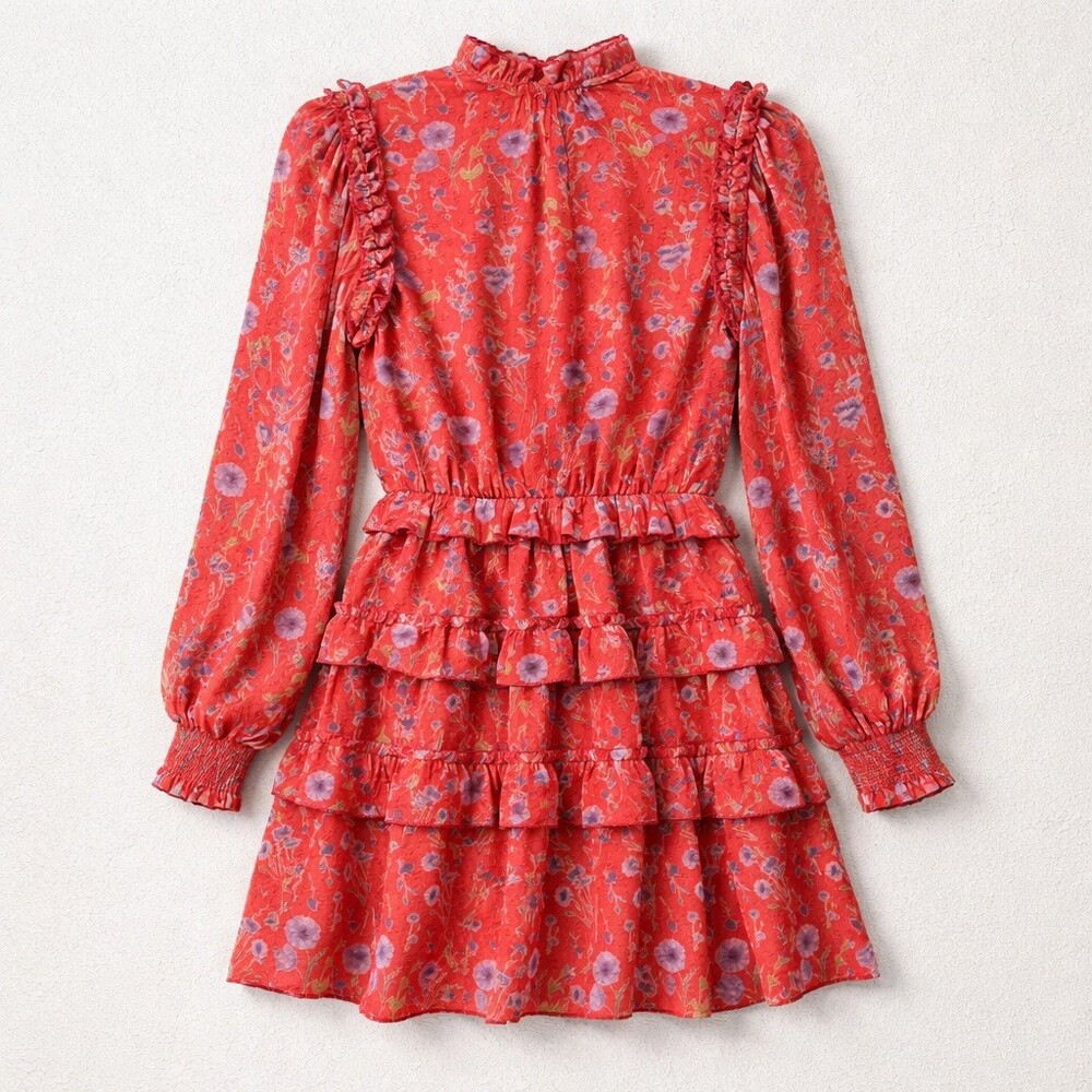 Just Me Dress Womens Size S Coral Orange Purple Floral Ruffle Tiered Mini - Picture 9 of 10